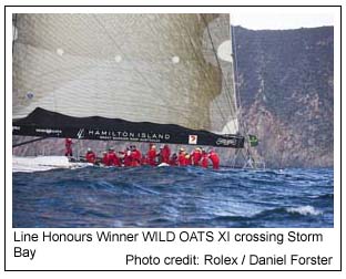 Line Honours Winner WILD OATS XI crossing Storm Bay, Photo credit: Rolex / Daniel Forster